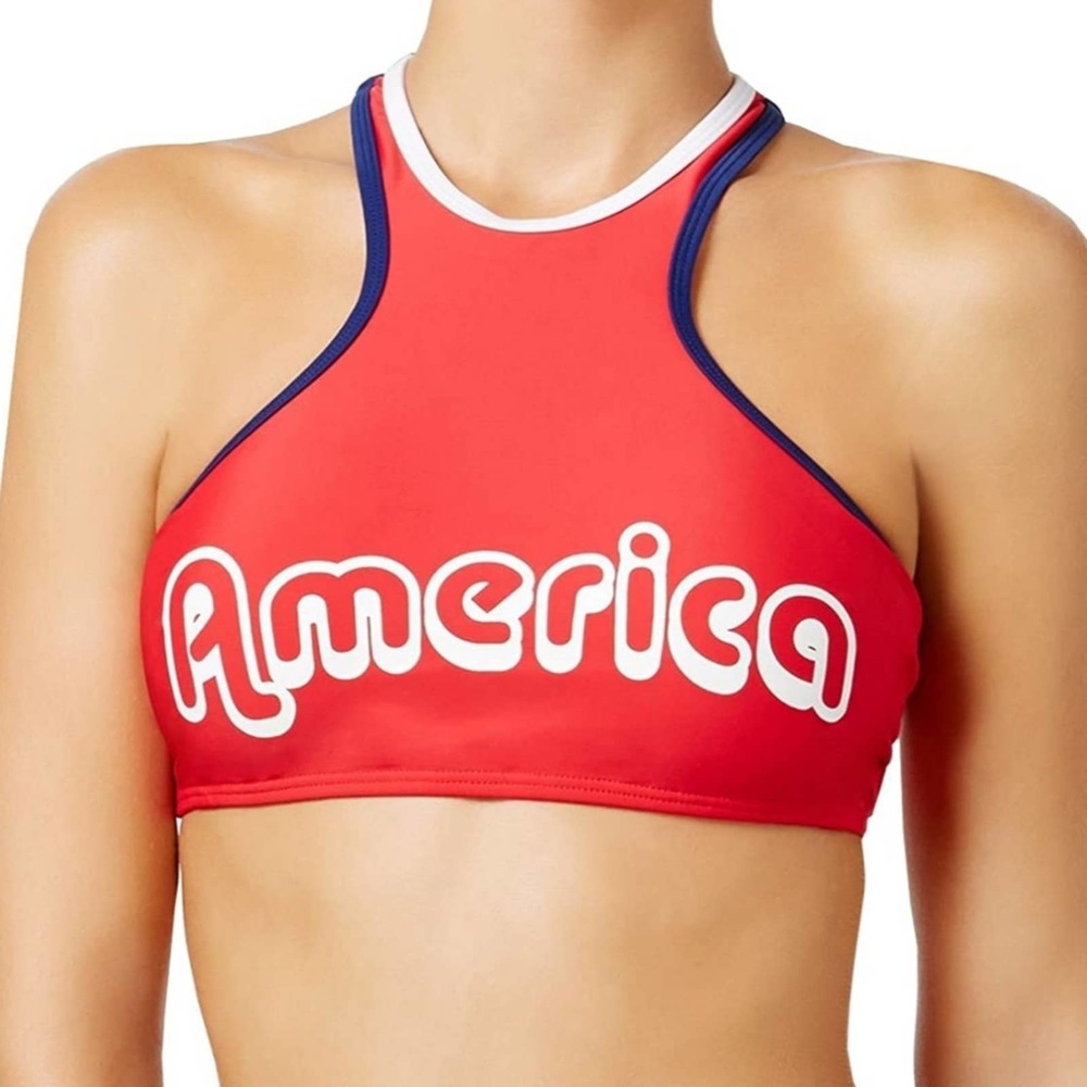 California Waves America Graphic High Neck Bikini Swim Top Red Large